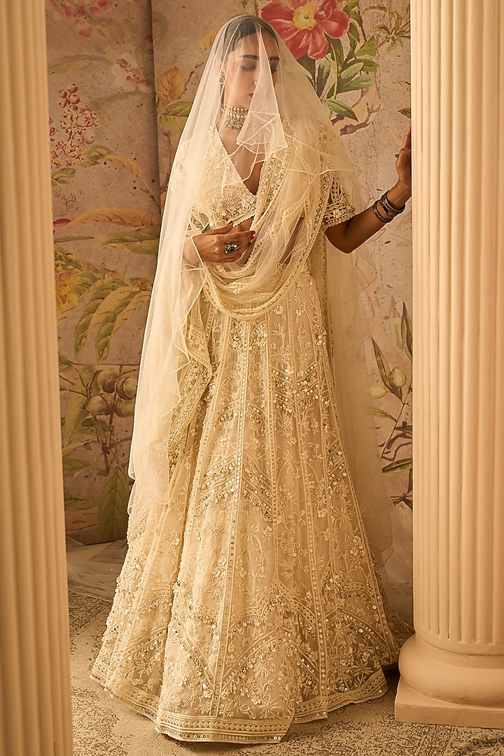 Ivory Organza Embroidered Bridal Lehenga Set by Ridhi Mehra at Pernia's Pop Up Shop