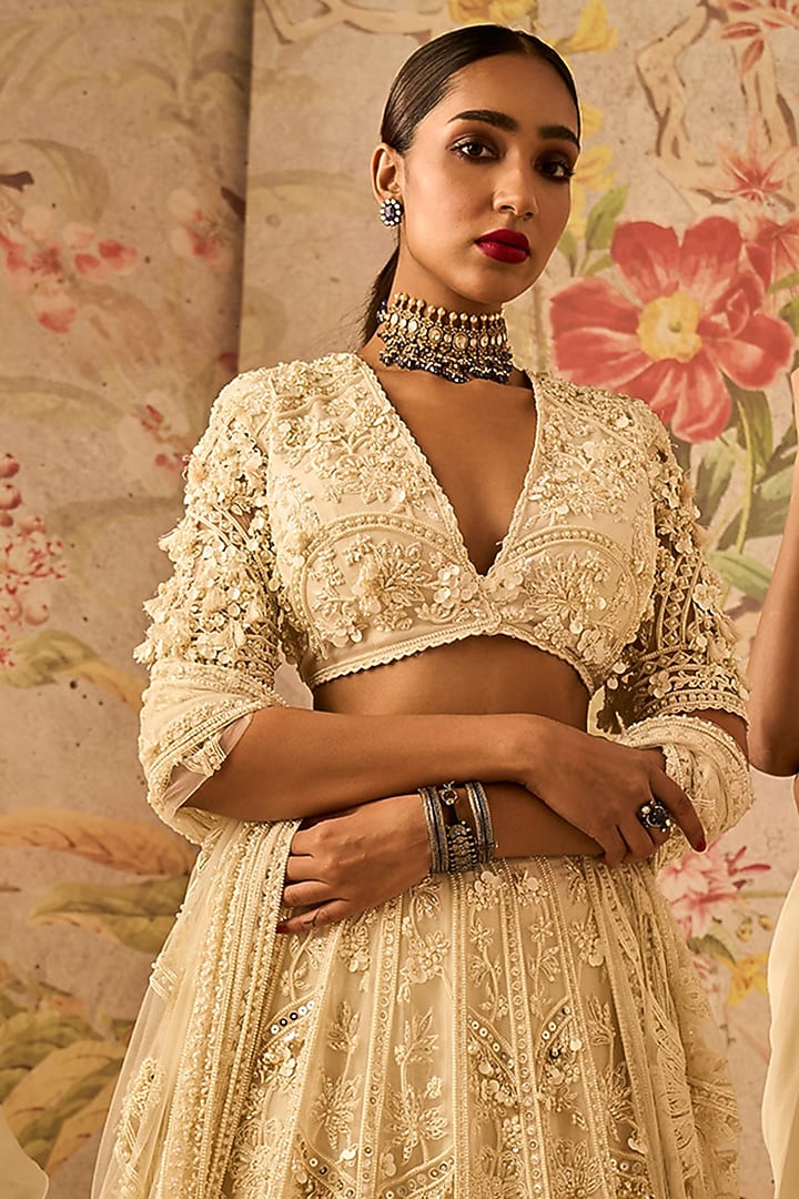 Ivory Organza Embroidered Bridal Lehenga Set by Ridhi Mehra at Pernia's Pop Up Shop