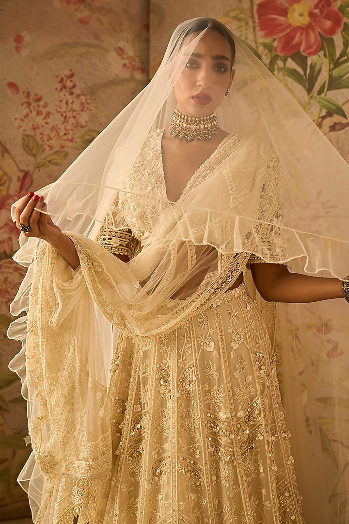 Ivory Organza Embroidered Bridal Lehenga Set by Ridhi Mehra at Pernia's Pop Up Shop