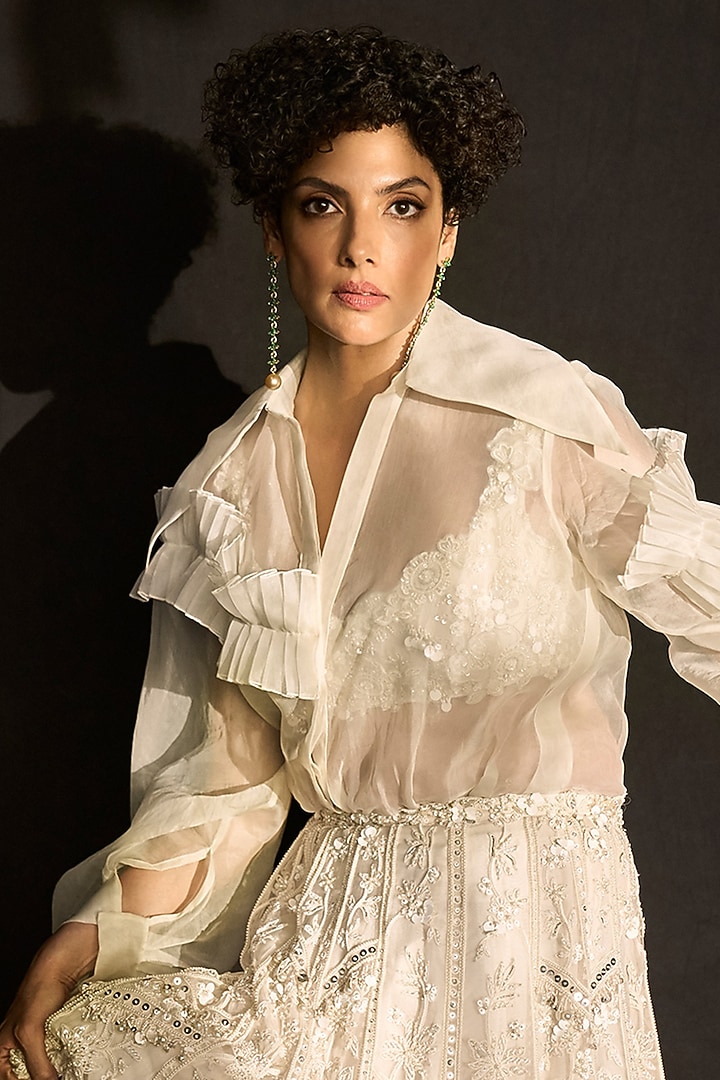 Ivory Organza Pleated Shirt by Ridhi Mehra at Pernia's Pop Up Shop