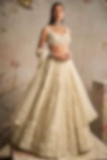 Ivory Organza Placement Embroidered Bridal Lehenga Set by Ridhi Mehra at Pernia's Pop Up Shop