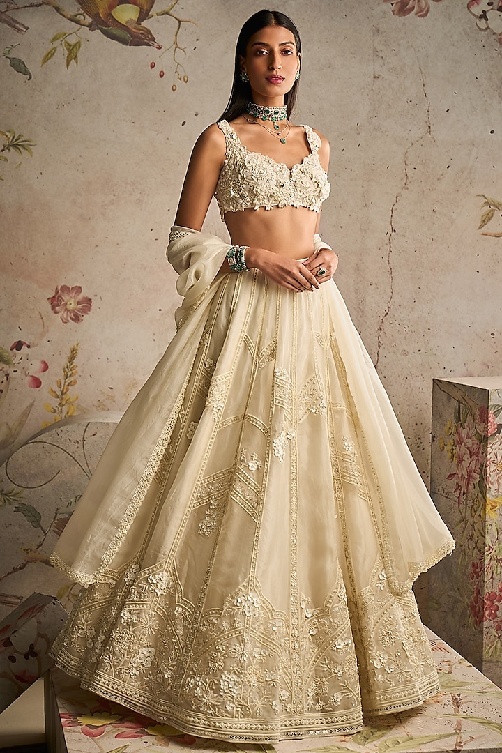 Ivory Organza Placement Embroidered Bridal Lehenga Set by Ridhi Mehra at Pernia's Pop Up Shop