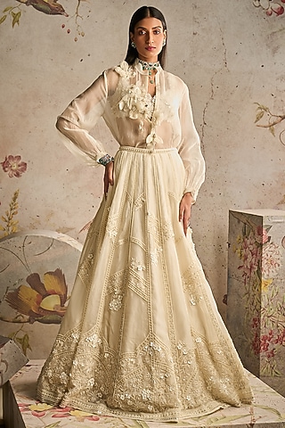 Ivory Organza Placement Embroidered Lehenga Set by Ridhi Mehra