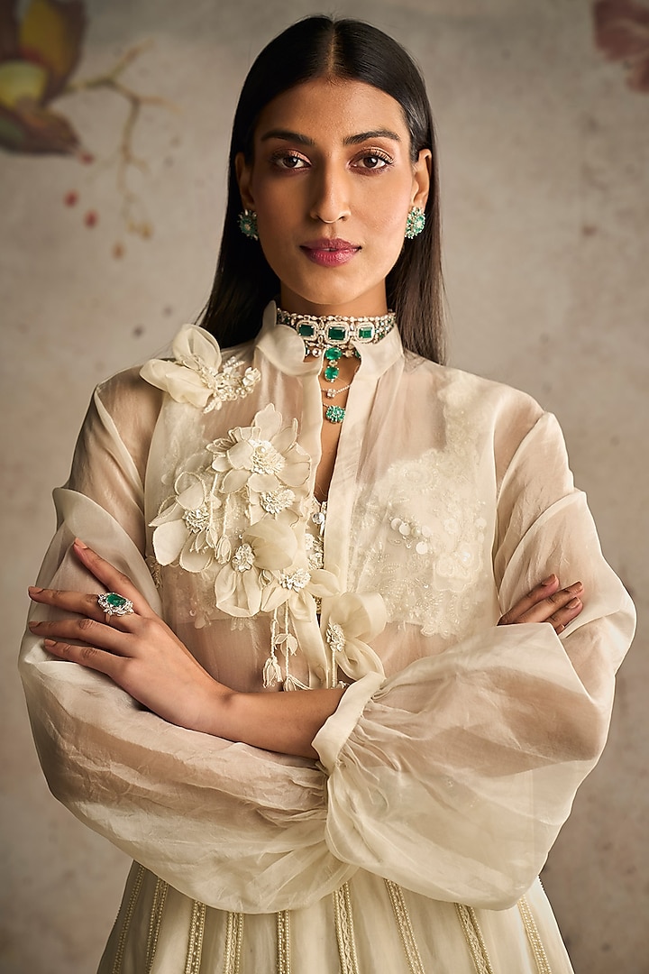 Ivory Organza Embroidered Shirt by Ridhi Mehra at Pernia's Pop Up Shop