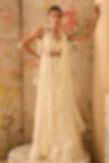Ivory Chiffon & Organza Ruffled Drape Reception Saree Set by Ridhi Mehra at Pernia's Pop Up Shop