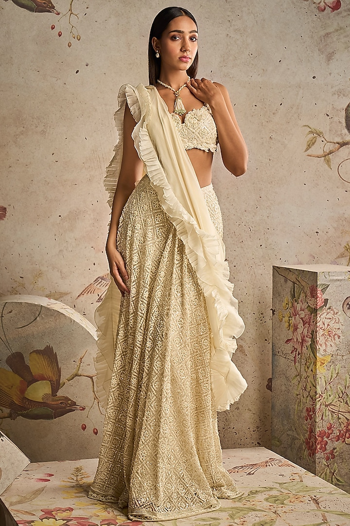 Ivory Net Embroidered Draped Bridal Lehenga Set by Ridhi Mehra at Pernia's Pop Up Shop