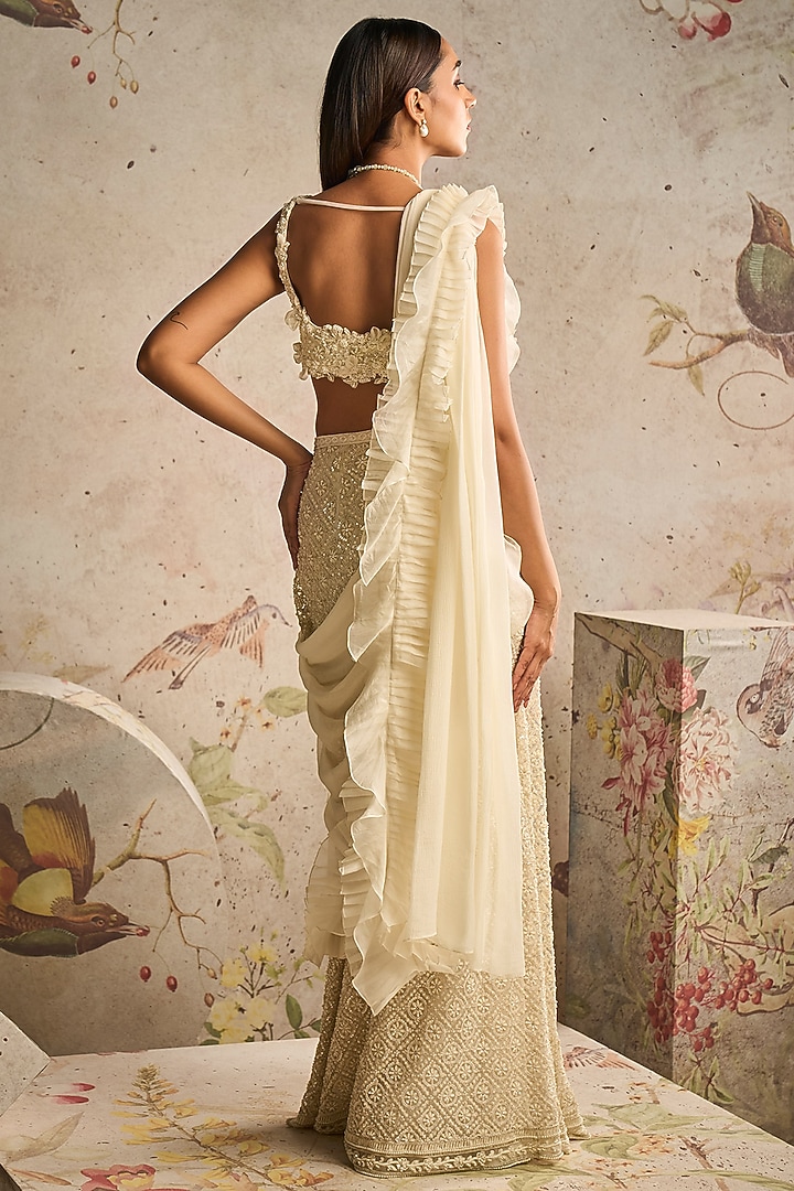 Ivory Net Embroidered Draped Bridal Lehenga Set by Ridhi Mehra at Pernia's Pop Up Shop