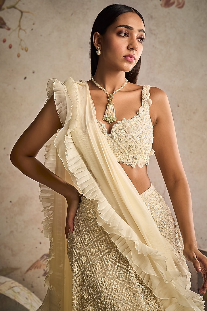 Ivory Net Embroidered Draped Bridal Lehenga Set by Ridhi Mehra at Pernia's Pop Up Shop
