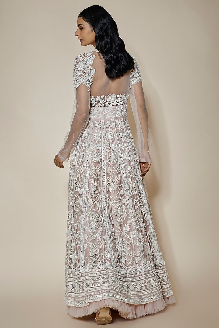 Blush Pink Net Embroidered Bridal Anarkali Set by Ridhi Mehra at Pernia's Pop Up Shop