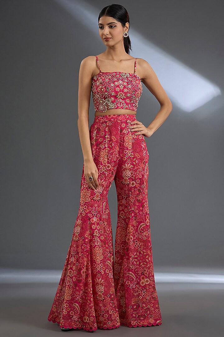 Fuschia Georgette Printed Jacket Set by Ridhi Mehra at Pernia's Pop Up Shop