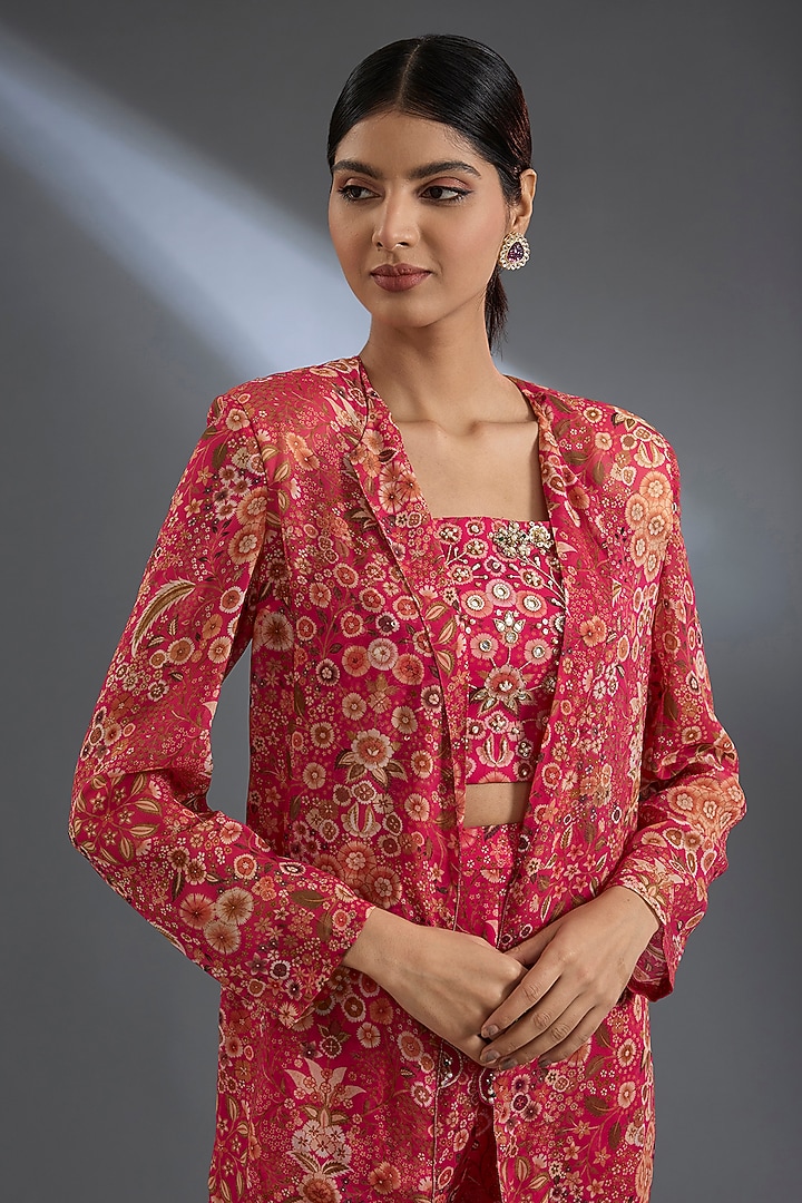 Fuschia Georgette Printed Jacket Set by Ridhi Mehra at Pernia's Pop Up Shop