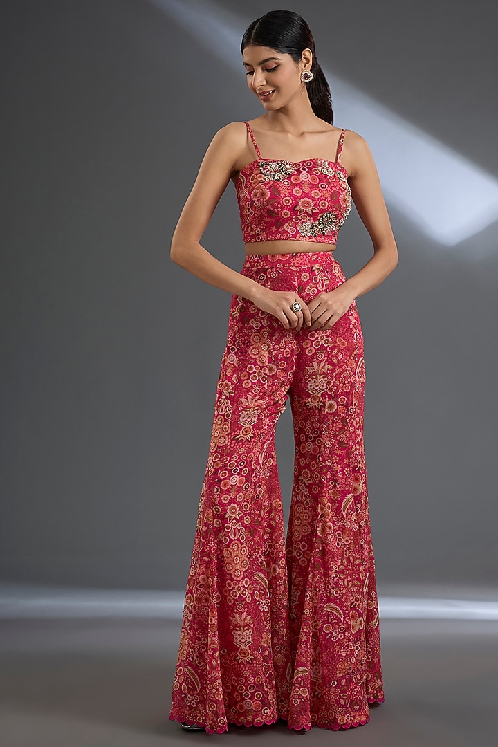 Fuchsia Georgette Flared Pant Set by Ridhi Mehra at Pernia's Pop Up Shop