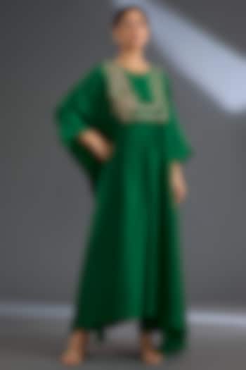 Bottle Green Habutai Silk Kaftan Set by Ridhi Mehra at Pernia's Pop Up Shop