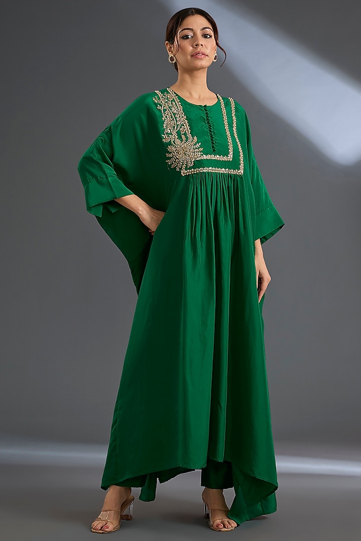 Bottle Green Habutai Silk Kaftan Set by Ridhi Mehra at Pernia's Pop Up Shop