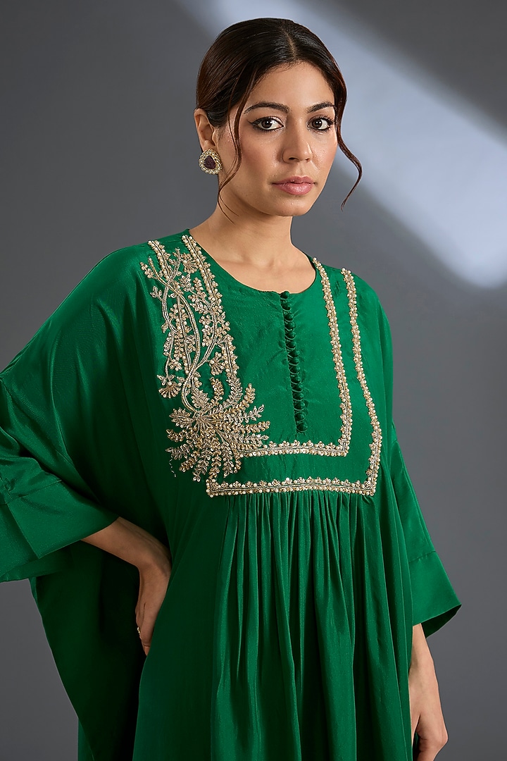 Bottle Green Habutai Silk Kaftan Set by Ridhi Mehra at Pernia's Pop Up Shop