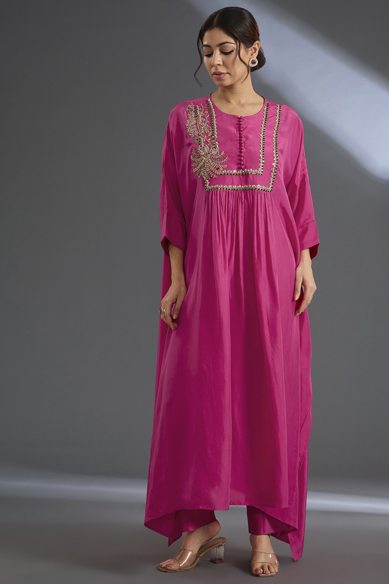 Fuchsia Habutai Silk Kaftan Set by Ridhi Mehra at Pernia's Pop Up Shop