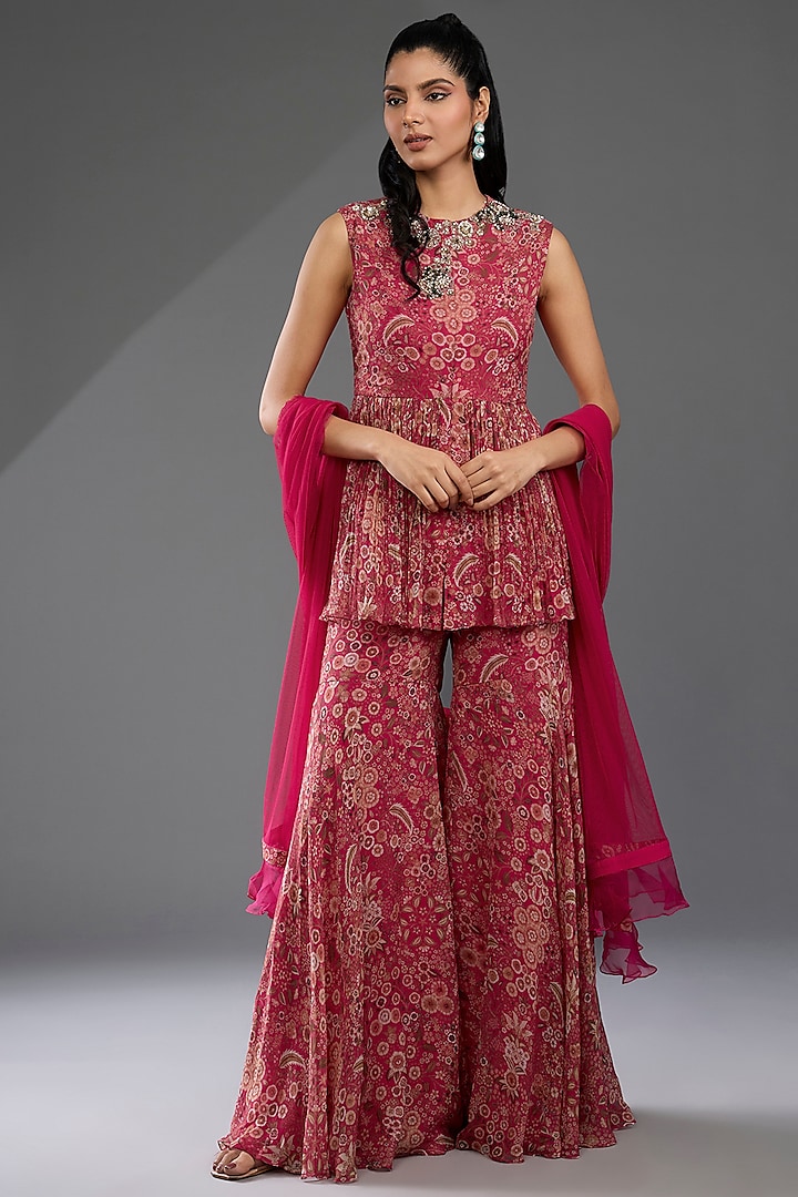 Fuchsia Chiffon Printed Gharara Set by Ridhi Mehra at Pernia's Pop Up Shop