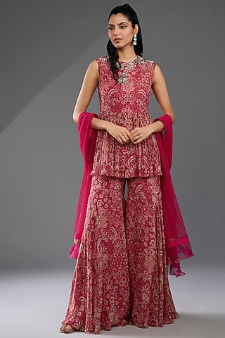 Fuchsia Chiffon Printed Gharara Set by Ridhi Mehra