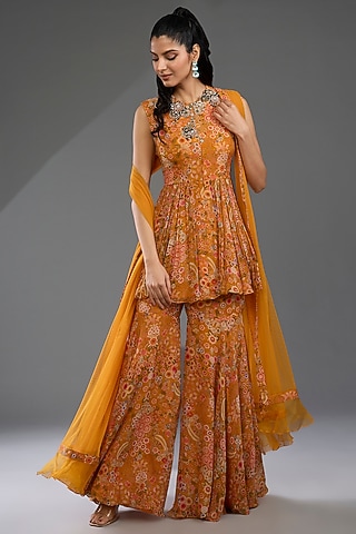 Yellow Chiffon Printed Gharara Set by Ridhi Mehra