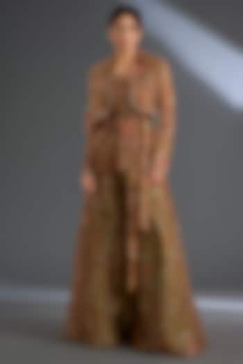 Olive Green Organza Printed Trench Jacket Set by Ridhi Mehra at Pernia's Pop Up Shop