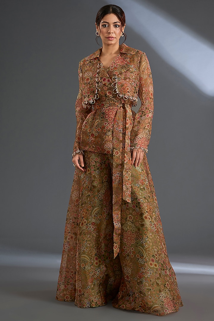 Olive Green Organza Printed Trench Jacket Set by Ridhi Mehra at Pernia's Pop Up Shop