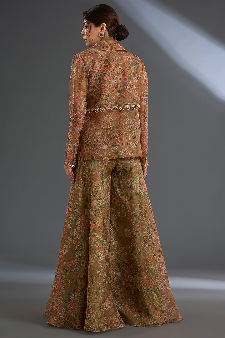 Olive Green Organza Printed Trench Jacket Set by Ridhi Mehra at Pernia's Pop Up Shop