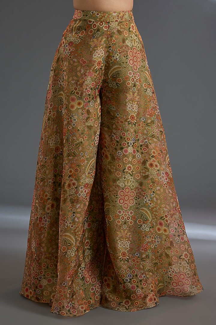 Olive Green Organza Printed Trench Jacket Set by Ridhi Mehra at Pernia's Pop Up Shop