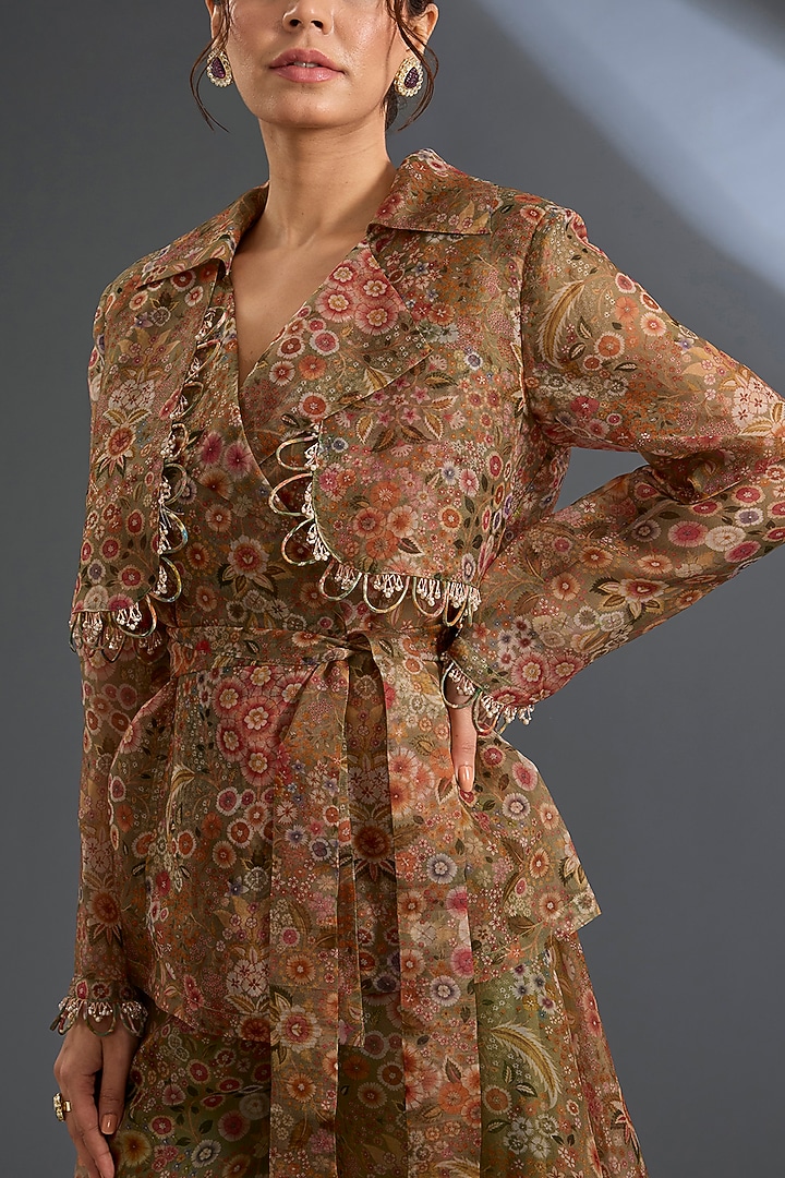 Olive Green Organza Printed Trench Jacket Set by Ridhi Mehra at Pernia's Pop Up Shop
