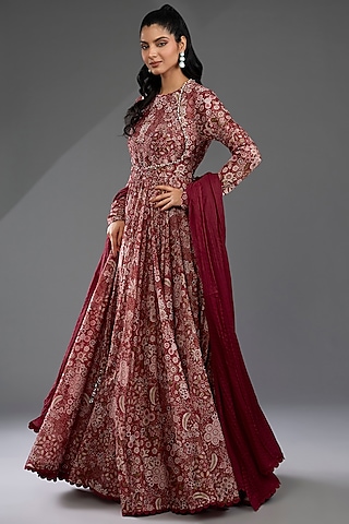 Red Chanderi Printed Anarkali Set by Ridhi Mehra