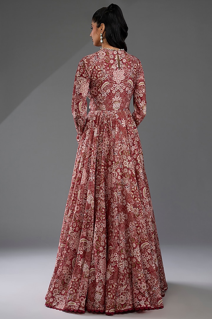 Red Chanderi Printed Wedding Anarkali Set by Ridhi Mehra at Pernia's Pop Up Shop