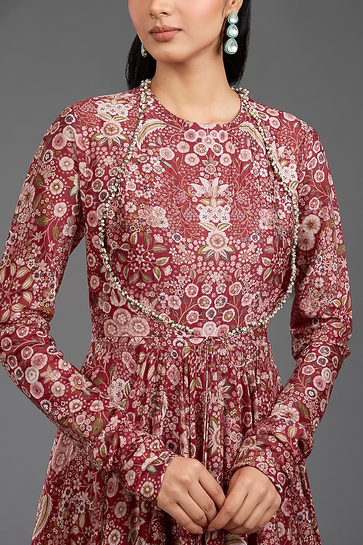Red Chanderi Printed Wedding Anarkali Set by Ridhi Mehra at Pernia's Pop Up Shop