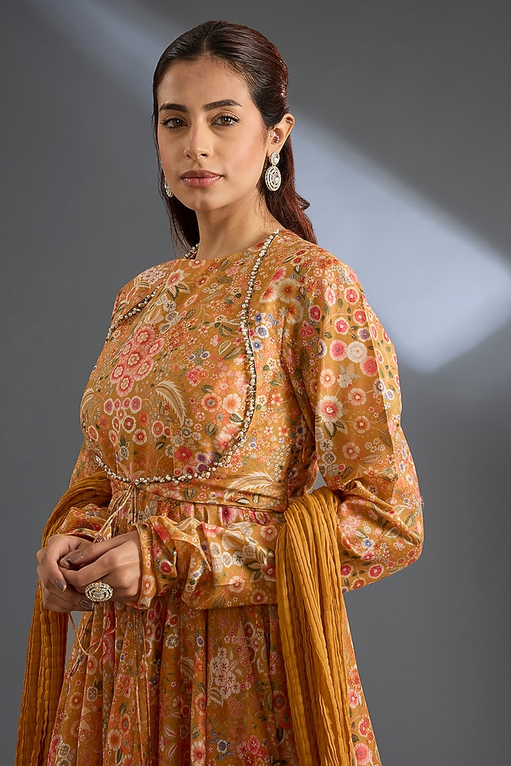Yellow Chanderi Printed Wedding Anarkali Set by Ridhi Mehra at Pernia's Pop Up Shop