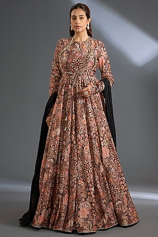 Black Chanderi Printed Anarkali Set by Ridhi Mehra