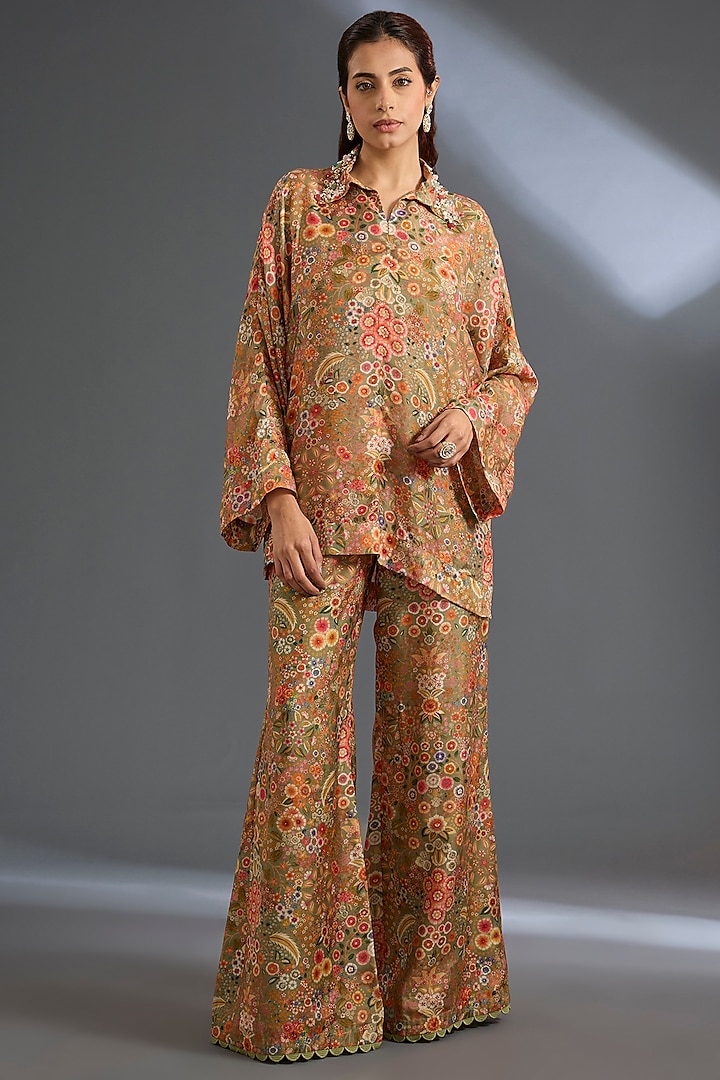 Olive Green Fine Silk Printed Co-Ord Set by Ridhi Mehra at Pernia's Pop Up Shop