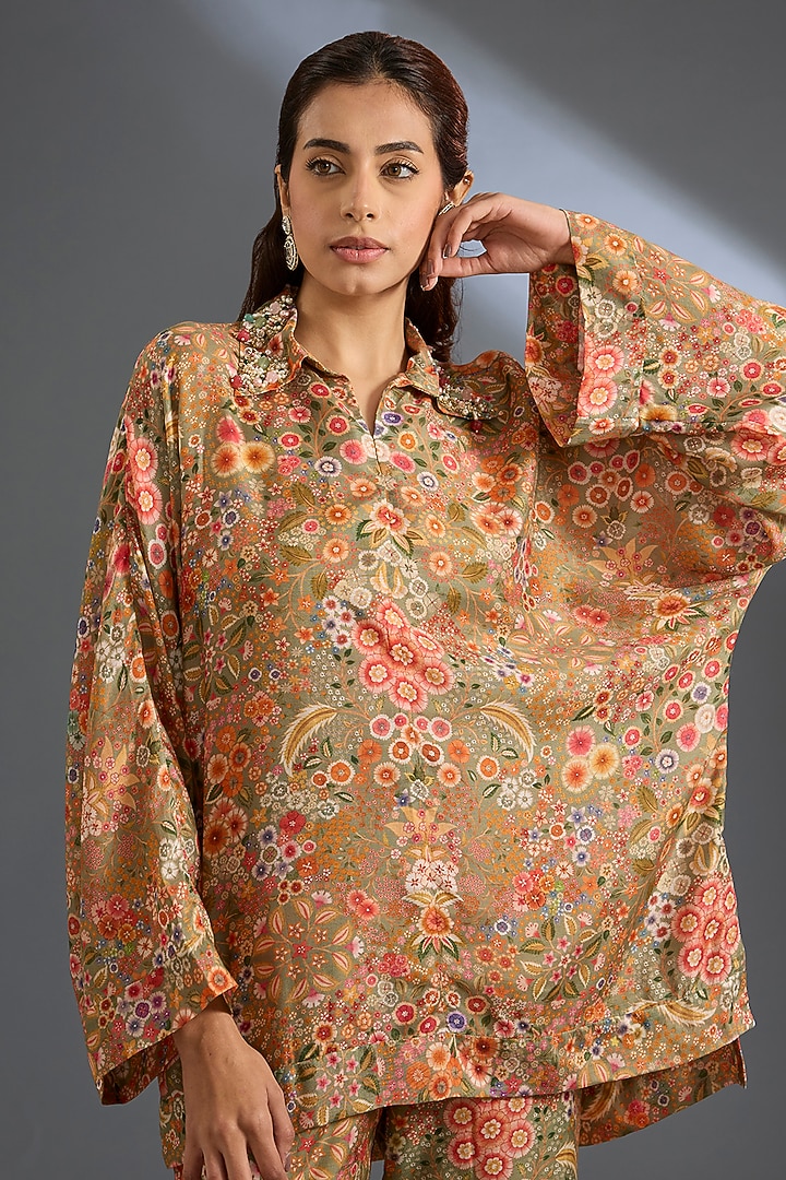 Olive Green Fine Silk Printed Co-Ord Set by Ridhi Mehra at Pernia's Pop Up Shop