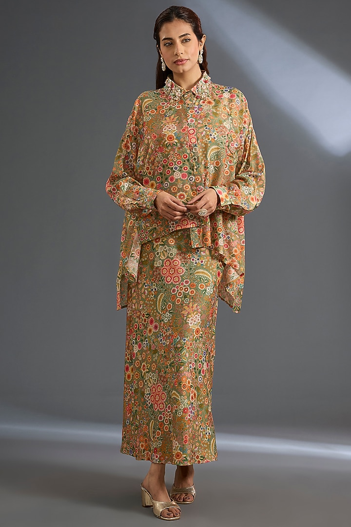 Olive Green Raw Silk Co-Ord Set by Ridhi Mehra at Pernia's Pop Up Shop