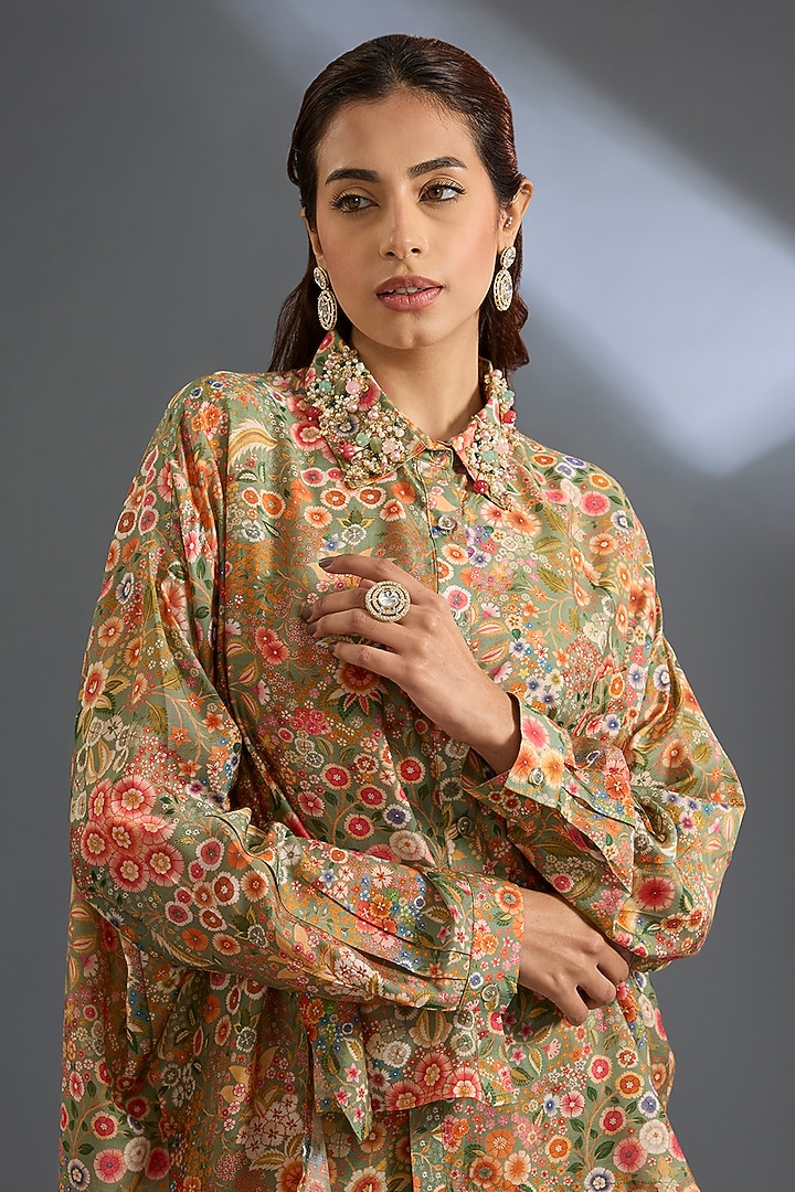 Olive Green Raw Silk Co-Ord Set by Ridhi Mehra at Pernia's Pop Up Shop