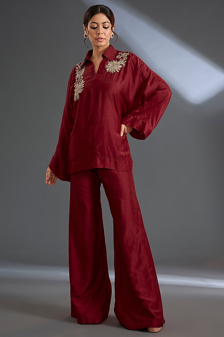 Red Fine Silk Flared Co-Ord Set by Ridhi Mehra at Pernia's Pop Up Shop