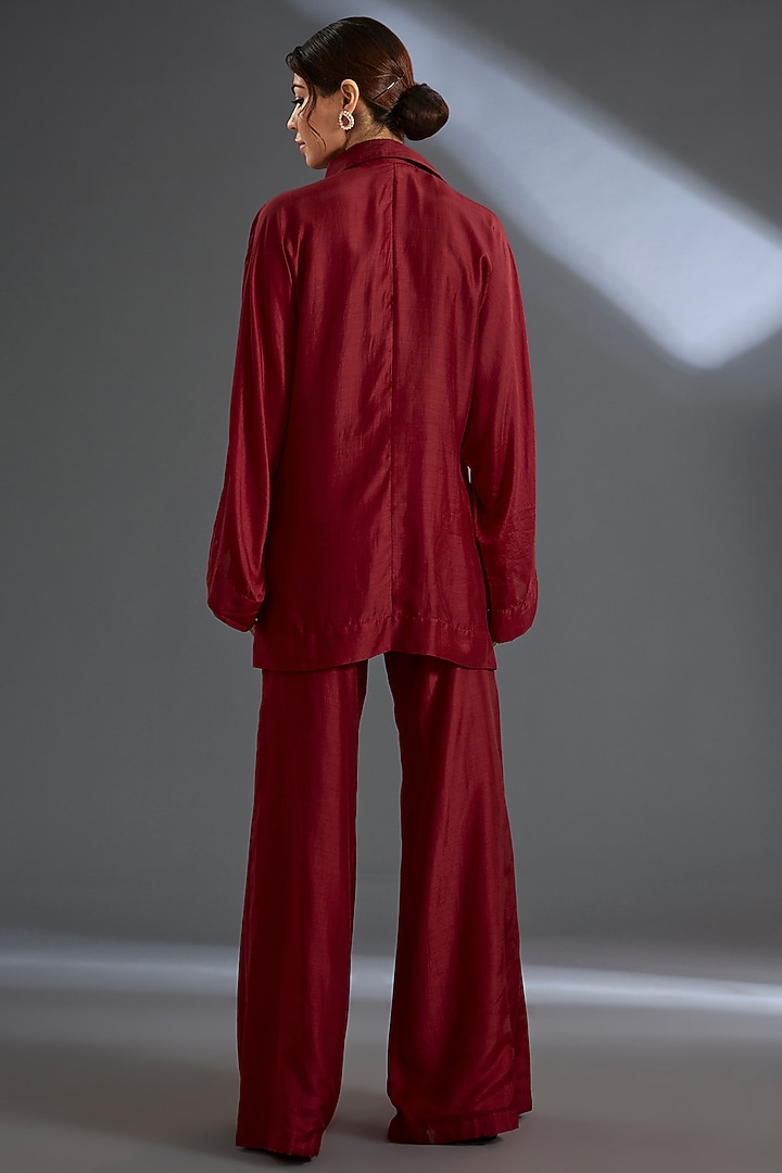 Red Fine Silk Flared Co-Ord Set by Ridhi Mehra at Pernia's Pop Up Shop