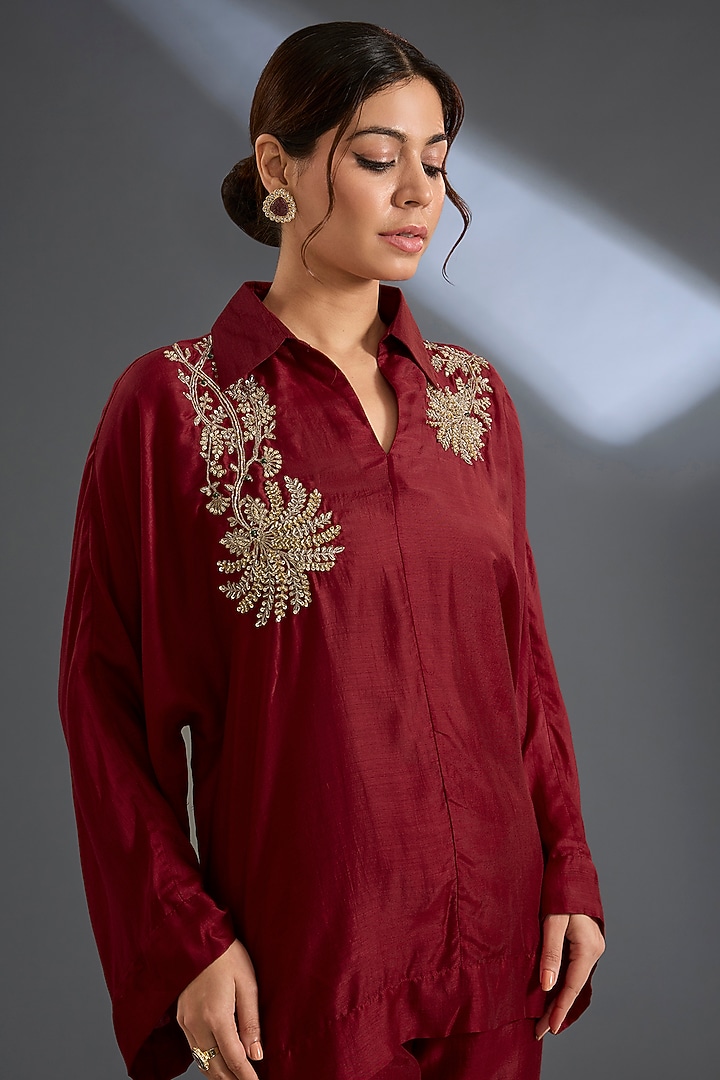 Red Fine Silk Flared Co-Ord Set by Ridhi Mehra at Pernia's Pop Up Shop