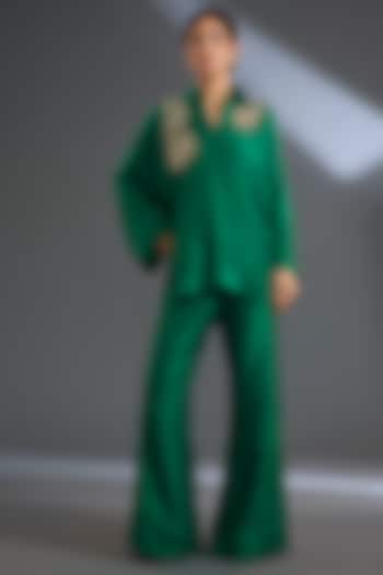 Emerald Green Fine Silk Flared Co-Ord Set by Ridhi Mehra at Pernia's Pop Up Shop