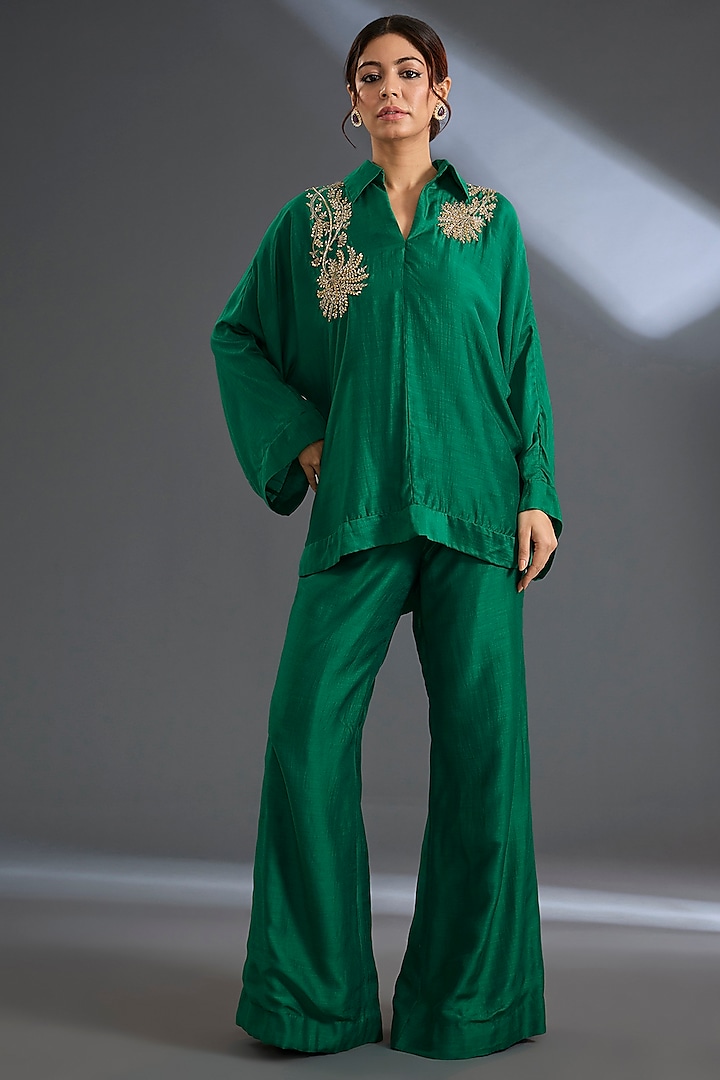 Emerald Green Fine Silk Flared Co-Ord Set by Ridhi Mehra at Pernia's Pop Up Shop