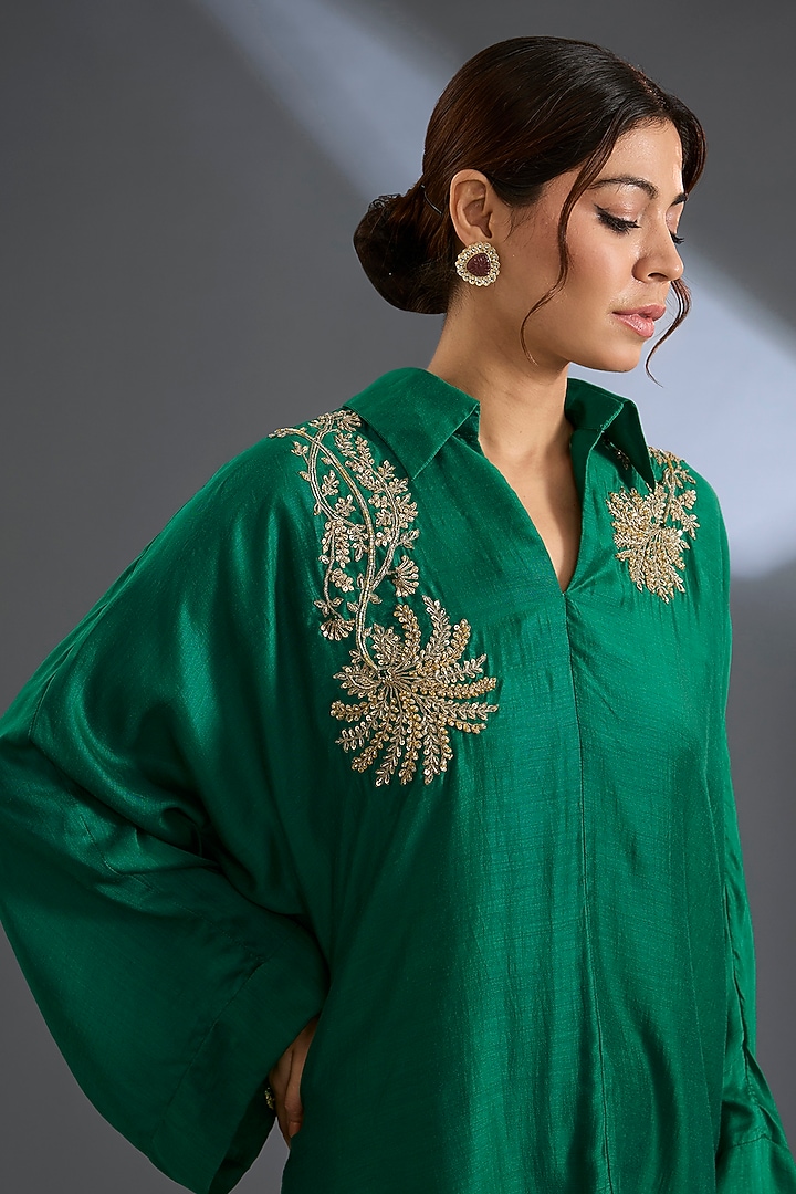 Emerald Green Fine Silk Flared Co-Ord Set by Ridhi Mehra at Pernia's Pop Up Shop