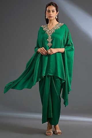 Bottle Green Fine Silk Cape Set by Ridhi Mehra