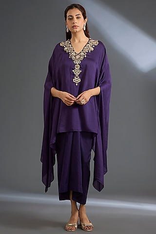 Purple Fine Silk Cape Set by Ridhi Mehra