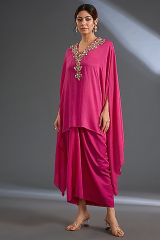 Royal Fuschia Fine Silk Cape Set by Ridhi Mehra