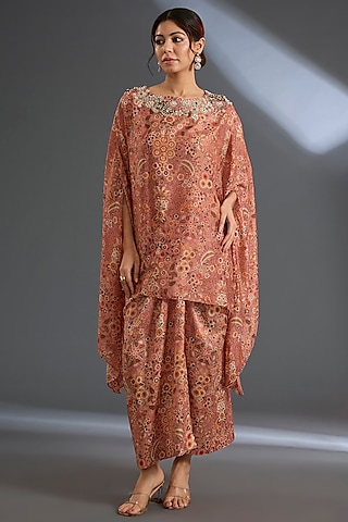 Dusky Pink Fine Silk Printed Cape Set by Ridhi Mehra