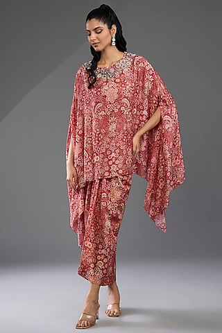 Red Fine Silk Printed Cape Set by Ridhi Mehra