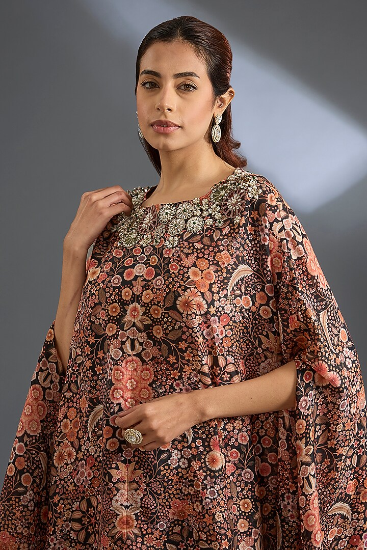 Black Fine Silk Printed Cape Set by Ridhi Mehra at Pernia's Pop Up Shop