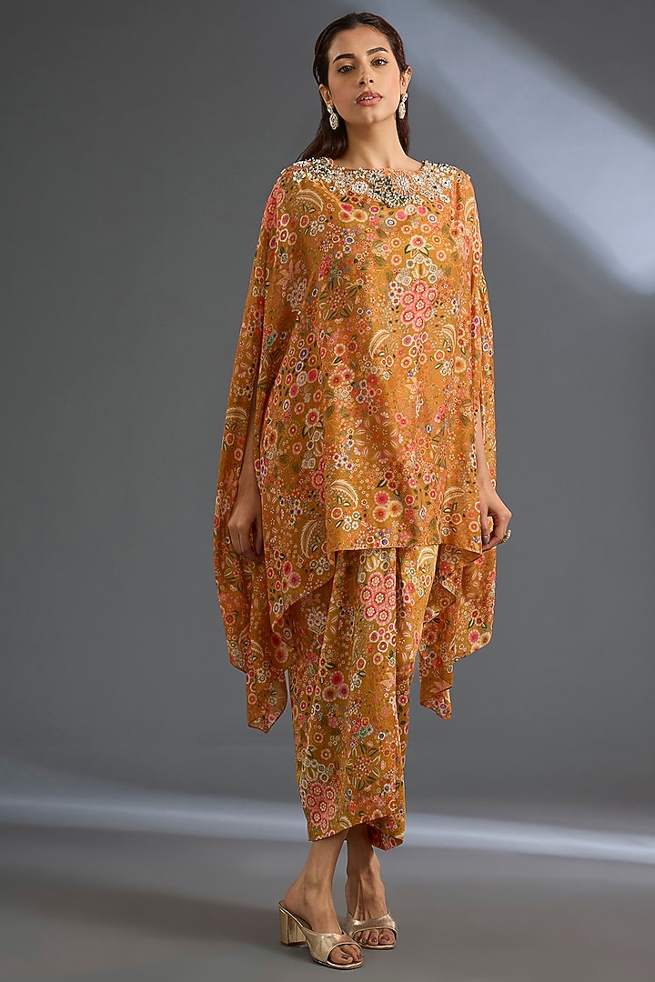 Yellow Fine Silk Printed Cape Set by Ridhi Mehra at Pernia's Pop Up Shop